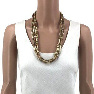 Multi Strand Boho Style Beaded Necklace Brown White Gold Tone Beads 27 Inch Leng